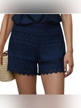 Loft Riviera Navy tiered lace side zip shorts
